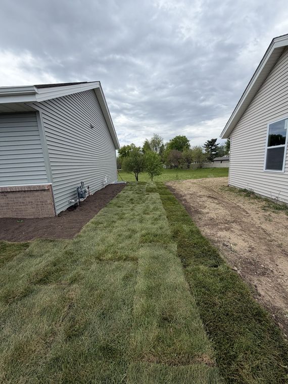 Fresh sod laid in strips along the side of a newly built house
